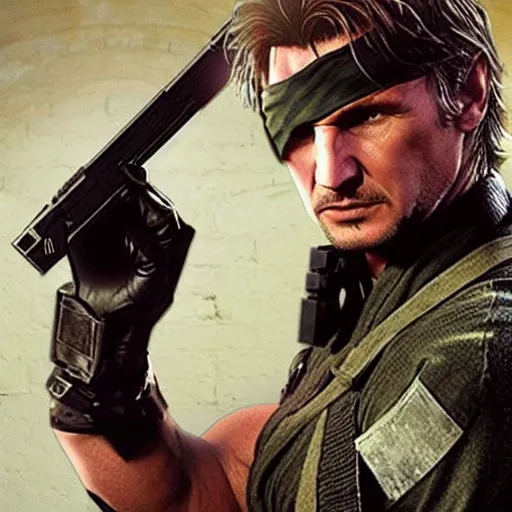 Prompt: Liam neeson as solid snake in metal gear with red headband