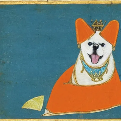 Image similar to akita inu dog dressed as a queen in a dress with orange slices pattern, medieval painting