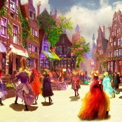 Prompt: A bustling magical town with witches and black cats dancing around a colorful music festival in its center, inspired by Victorian England and Amsterdam, concept art, matte painting, trending on art station, ultra high quality, masterpiece