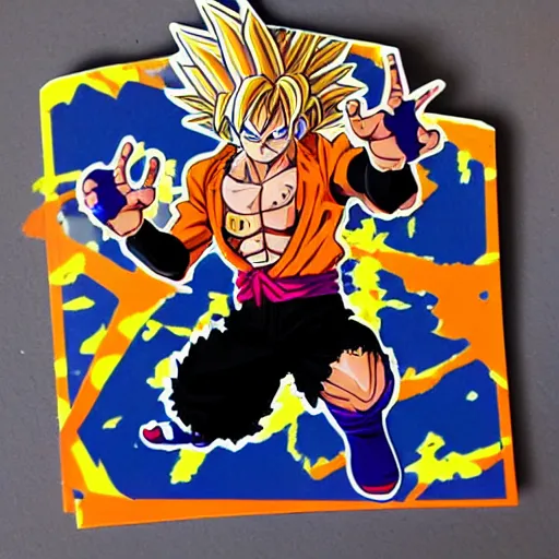 Image similar to die cut sticker, goku one piece style, splatter paint