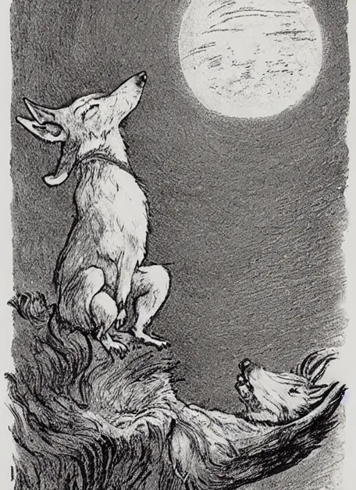 Prompt: howling at the moon, illustrated by peggy fortnum and beatrix potter and sir john tenniel