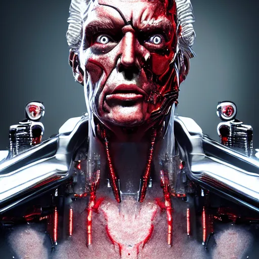 Image similar to donald trump as the terminator full body detailed, ethereal, cyborg biomechanics, covered in blood diamonds and other gems glowing, highly detailed face, evil posed, evil expression, intricate, extremy detailed, beeple, cgsociety, 3 d unreal engine octane render. cinematic lighting, highly detailed 4 k art