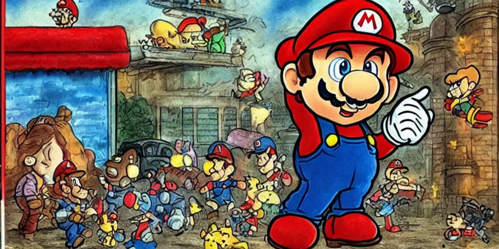 Image similar to mario is in resident evil by richard scarry