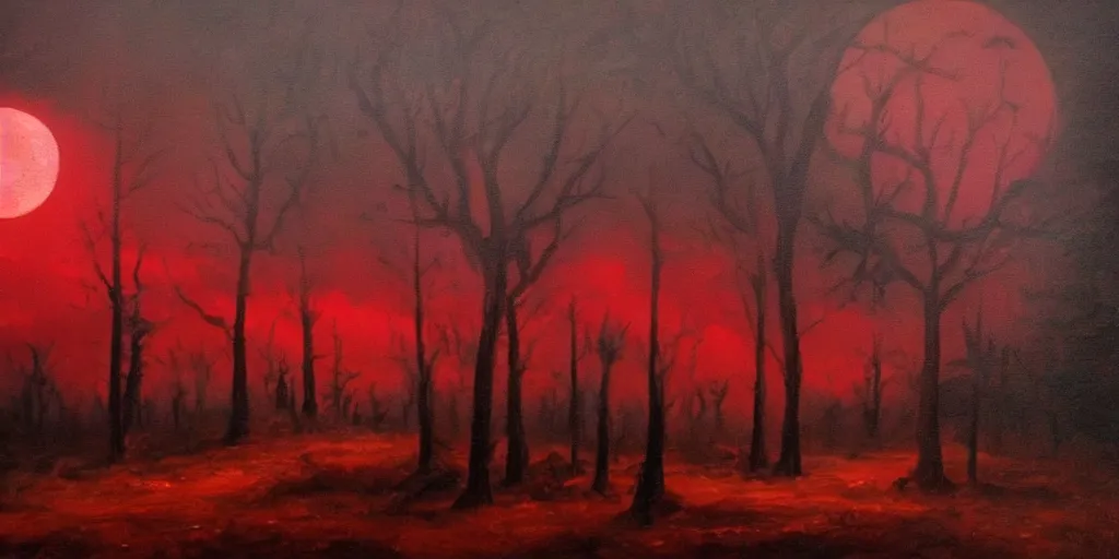 Prompt: a beautiful oil painting of a dark forest under the blood moon, thunderstorm in the sky red lighting gloomy atmospheric