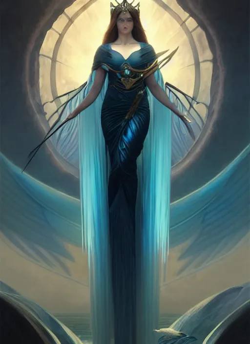 Image similar to a beautiful cinematic female archangel queen, fantasy sea landscape, fantasy magic, short aqua blue black fade hair, dark light night, intricate, elegant, sharp focus, illustration, highly detailed, digital painting, concept art, matte, art by WLOP and Artgerm and Greg Rutkowski and Alphonse Mucha, masterpiece