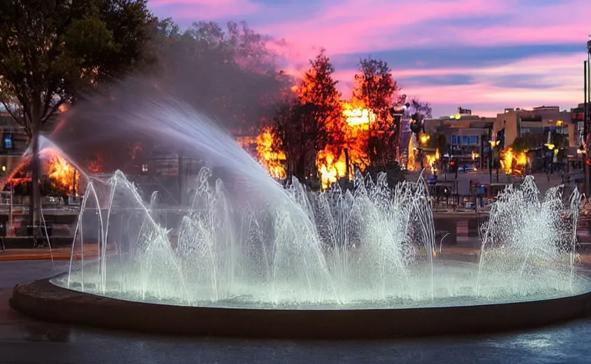 Prompt: a beautiful photo of a roundabout with a fountain shooting fire instead of water, sunset lighting, intricate detail, photorealistic