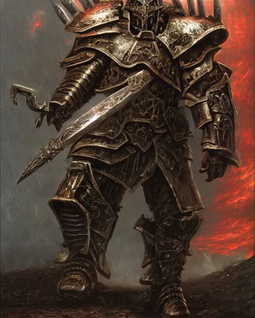 Prompt: a heavily armoured warhammer chaos warrior, by Thomas Cole and Wayne Barlowe