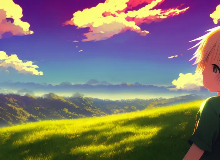 Image similar to very high quality illustration of green hills with clouds in the background, golden hour sunset, purple beautiful sky, cute anime girl with platinum blonde hair and big eyes, close to foreground, anime key visual, official media, illustrated by wlop, extremely detailed, 8 k, trending on pixiv, cinematic lighting, beautiful