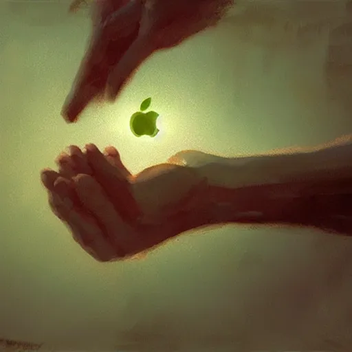 Image similar to the hand is reaching for the apple, painting by Craig Mullins, octane rendering, soft morning lighting, wide angle lens, in the style of Hayao Miyazaki, trending on artstation,