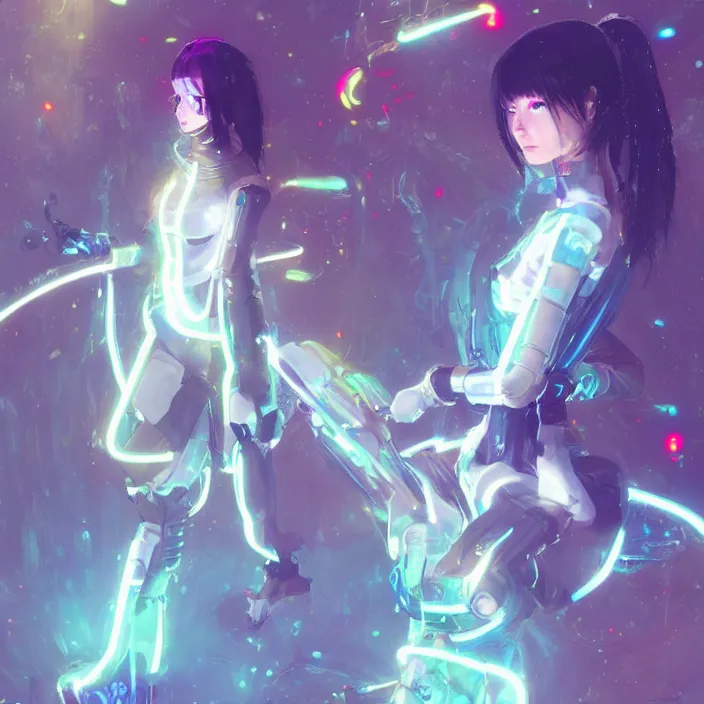 Prompt: a beautiful! bjork model, wearing futuristic cyber leather dress with faint articulated glowing neon colored lights, jrpg aztec street fashion, gapmoe yandere grimdark, trending on pixiv fanbox, painted by greg rutkowski makoto shinkai takashi takeuchi studio ghibli, akihiko yoshida