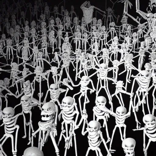 Prompt: photo, a giant crowd of silvery shiny refective black latex claymation skeletons by ray harryhausen dancing inside an underground ussr night club, edge lighting, ray traced lighting