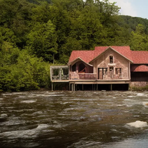 Prompt: a movie still of a river running past a cottage, by wes anderson, cinematic, uhd, 8k,