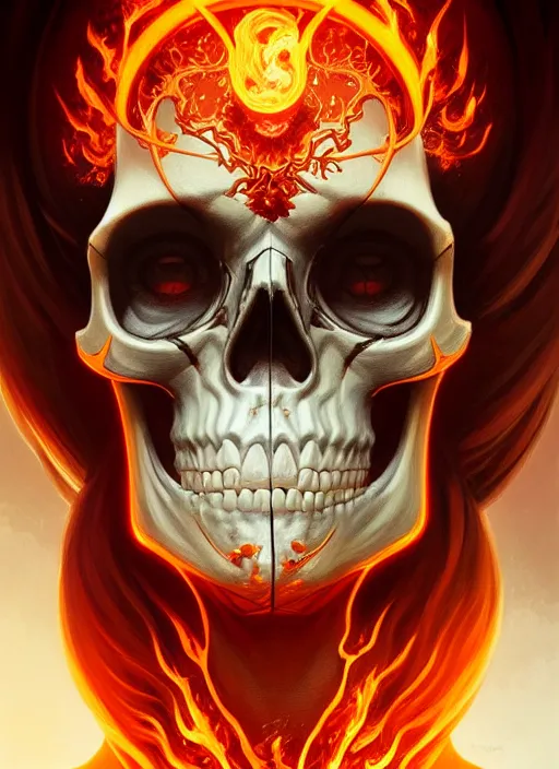 Prompt: symmetry!! portrait of skull with flaming eyes, high fantasy, intricate, elegant, highly detailed, digital painting, artstation, concept art, smooth, sharp focus, illustration, art by artgerm and greg rutkowski and alphonse mucha, 8 k