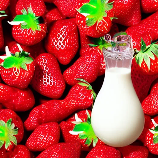 Image similar to a hyperdetailed strawberry and floating milk fluid poster, 4 k hd wallpaper illustration, package cover