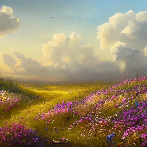 Image similar to a matte painting of a european prairie, patchy flowers and rocks, oil painting, pale colors, high detail, 8 k, wide angle, trending on artstation,