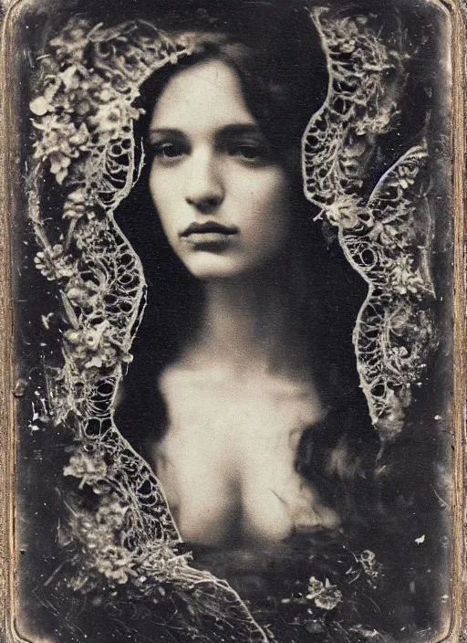 Image similar to old wetplate daguerreotype portrait of birth of venus, explosion of data fragments, fractal, intricate, elegant, highly detailed, parallax, leica, medium format, subsurface scattering, portrait, elegant, highly detailed, matte painting, by stanley spencer