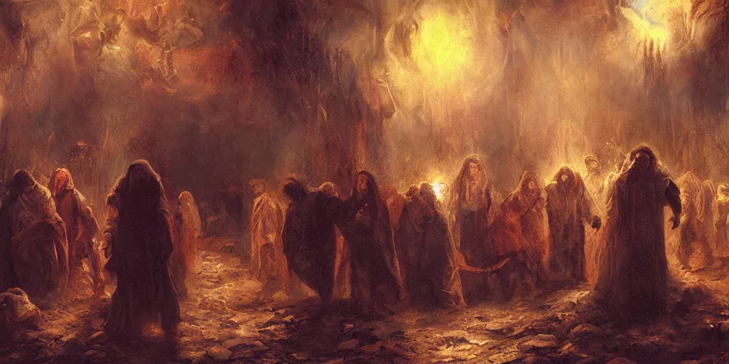 Image similar to Jesus Christ, walking through hell, a fantasy digital Painting, by ADOLPH VON MENZEL