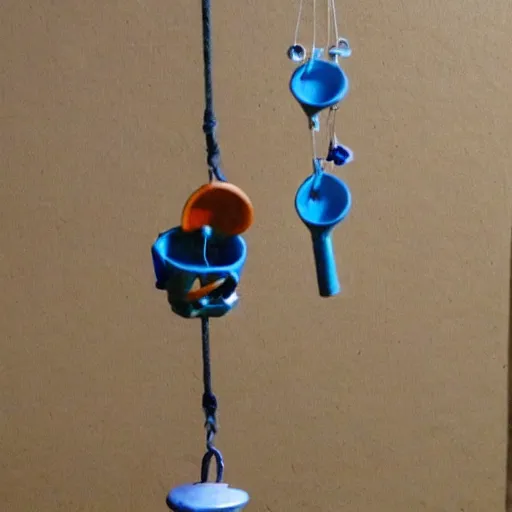 Image similar to This is a sketch of a wind chime made from the pieces of a broken mug. It shows the mug handle as the top piece with strings attached to it, and the bottom pieces of the mug hanging down like little bells, detailed, iso 400