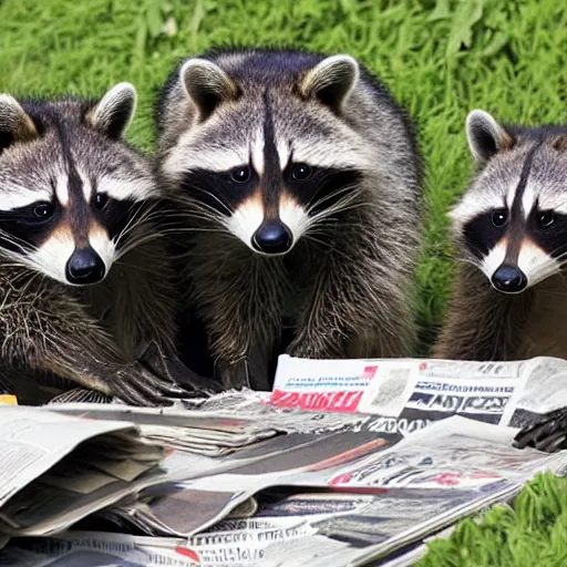 Prompt: a family of raccoon digging through a gigantic mound of trash and newspapers and junk