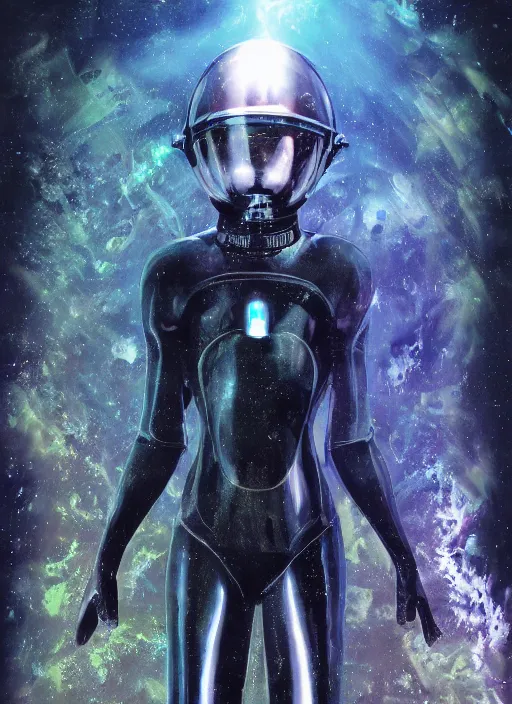 Prompt: astronauts aliens in dark and empty void underwater - complex and hyperdetailed technical suit. reflection and dispersion materials. glowing helmet. rays and dispersion of light. volumetric light. 5 0 mm, f / 3 2. noise film photo. flash photography. ultra realistic, wide angle. poster by wayne barlowe, hajime sorayama aaron horkey, craig mullins
