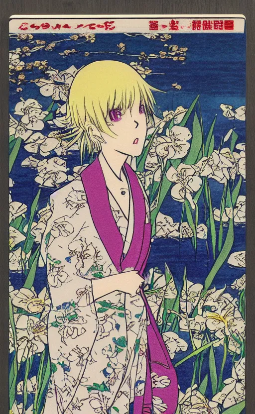 Image similar to by akio watanabe, manga art, a blond girl walking on wooden lake bridge and iris flowers, trading card front, kimono, realistic anatomy