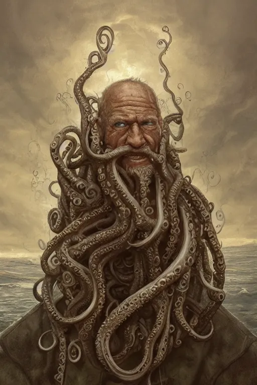 Image similar to portrait of an old fisherman with tentacles growing on him, eldritch, d & d, face, fantasy, intricate, elegant, highly detailed, digital painting, artstation, concept art, smooth, sharp focus, illustration, art by greg rutkowski