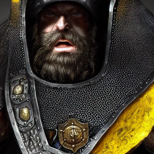 Image similar to Closeup of frustrated male medieval sergeant with a {short} beard wearing a {black!!!! and yellow tabard} over a steel breastplate and a black gambeson looking up from a map on a table, intricate, dramatic lighting illustration by Greg Rutkowski, ArtStation, digital art, fantasy