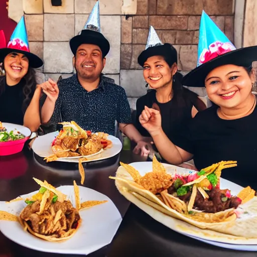 Prompt: A group of angels wearing birthday hats eating tacos de birria at a Mexican restaurant