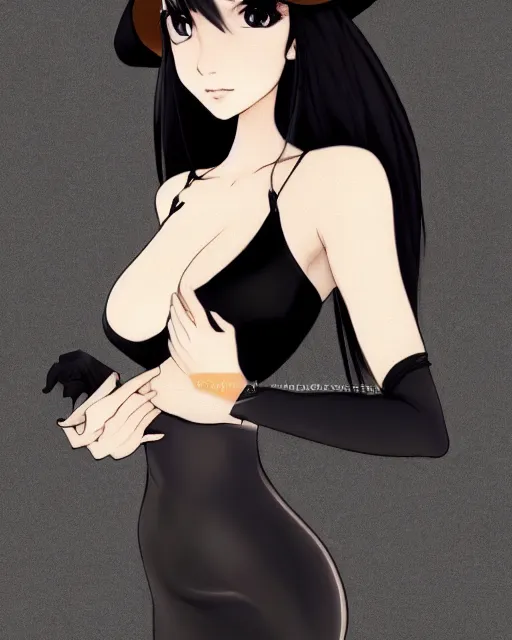 Image similar to A frontal fullbody painting of a beautiful brunette witch and wearing a cute translucent black dress looking at the viewer, elegant, delicate, stunning, soft lines, feminine figure, higly detailed, ultraHD, 8k, smooth , pixiv art, cgsociety, artgem, high quality, digital illustration, concept art, masterpiece