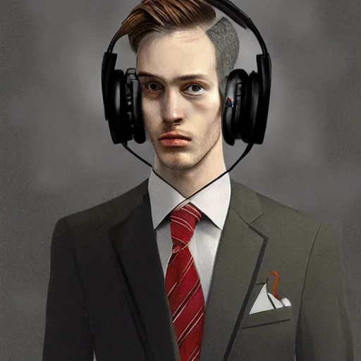 Image similar to portrait of a stork in a suit wearing headphones, high-quality digital art trending on Artstation