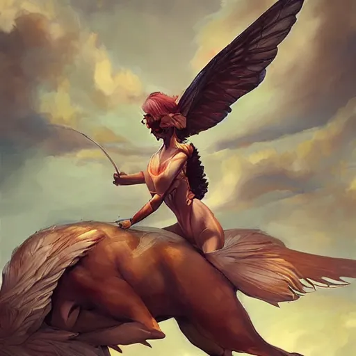 Image similar to Art station concept of a beautiful girl riding a gryphon, symmetrical face, smooth body features, by Stanley Artgerm Lau, WLOP, Rossdraws, James Jean, Andrei Riabovitchev, Marc Simonetti, and Sakimichan, trending on artstation