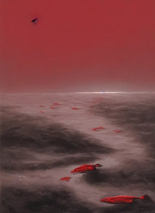 Image similar to dead river, dead fish, poland, red color, highly detailed, 8 k, artstation, beutifull, masterpiece by beksinski