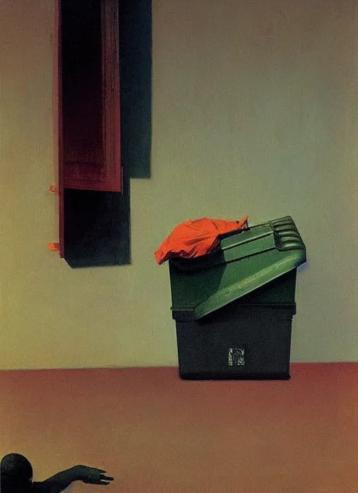 Image similar to magician with a trash over his head praying to a trash bin Edward Hopper and James Gilleard, Zdzislaw Beksinski highly detailed