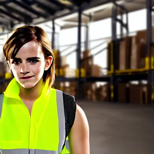 Prompt: photo, close up, emma watson in a hi vis vest, in warehouse, portrait, point and shoot camera, underexposed backlit,