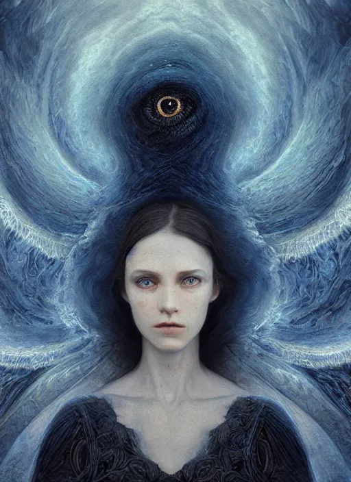 Prompt: Her huge ominous glowing blue eyes staring into my soul , perfect eyes, realistic face, intricate stunning highly detailed, agostino arrivabene, WLOP, twisted dark lucid dream, 8k portrait render, raven wings, swirling thick smoke , beautiful lighting, dark fantasy art, cgsociety