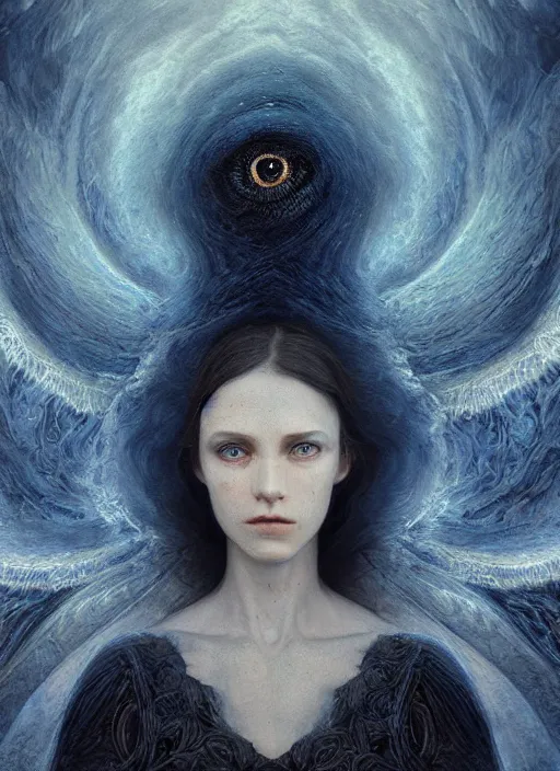 Image similar to Her huge ominous glowing blue eyes staring into my soul , perfect eyes, realistic face, intricate stunning highly detailed, agostino arrivabene, WLOP, twisted dark lucid dream, 8k portrait render, raven wings, swirling thick smoke , beautiful lighting, dark fantasy art, cgsociety