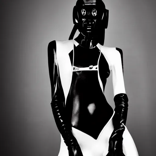 Image similar to black and white fashion photography of an extraterrestrial model, with 4 arms, wearing demobaza fashion, inside berghain, berlin fashion, harness, futuristic fashion, dark minimal outfit, photo 3 5 mm leica, hyperdetail, berghain, 8 k, very detailed, photo by nick knight