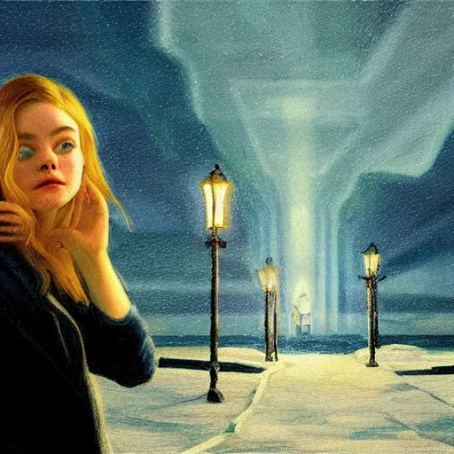 Image similar to Elle Fanning opening a portal on the beach in the world of Edward Hopper, stormy snowy weather, streetlights, extremely detailed masterpiece, oil on canvas, low-key neon lighting, artstation, Blade Runner 2049, Roger Deakin’s cinematography, by J. C. Leyendecker and Peter Paul Rubens,