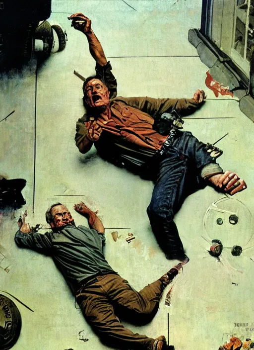 Prompt: dennis hopper crawling around on the floor, painted by norman rockwell and phil hale and rick berry and tom lovell and frank schoonover, green, dystopian