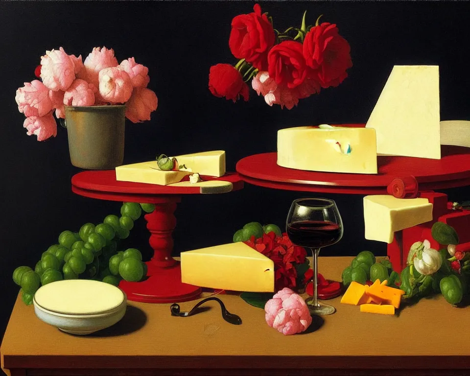 Prompt: an achingly beautiful still life featuring blooming flowers, wheels of cheese, and red wine by Raphael, Hopper, and Rene Magritte. detailed, romantic, studio lighting, enchanting, trending on artstation.