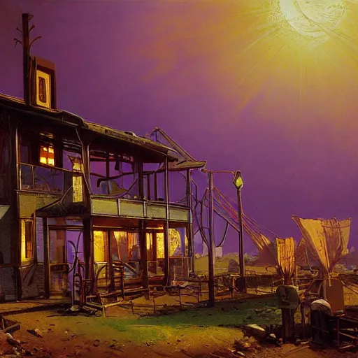 Prompt: painting of syd mead artlilery scifi motel with ornate metal work lands on a farm, fossil ornaments, volumetric lights, purple sun, andreas achenbach