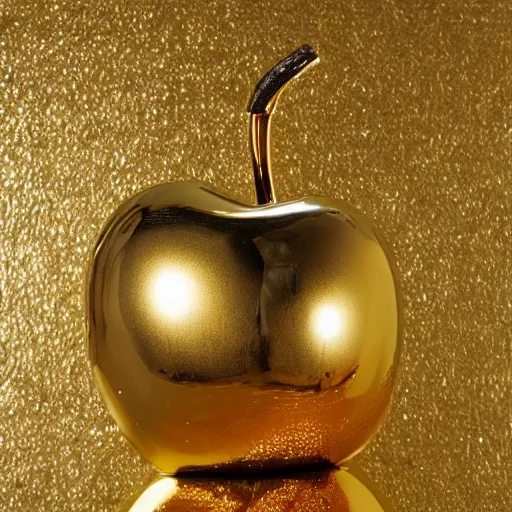 Prompt: A 24 karat gold apple on display at an auction.