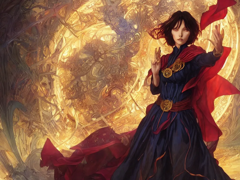 Image similar to anime key visual of one beautiful female doctor strange, marvel comics, spells, magic, intricate, inside magical temple stunning, highly detailed, digital painting, artstation, smooth, hard focus, illustration, art by artgerm and greg rutkowski and alphonse mucha