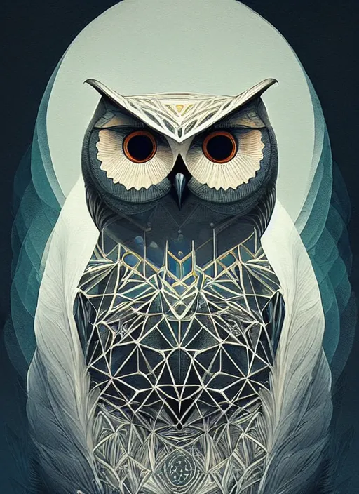 Image similar to portrait of a geometric owl, identical eyes, medium shot, illustration, full body made of white feathers, symmetrical, art stand, super detailed, cinematic lighting, and its detailed and intricate, gorgeous, by peter mohrbacher