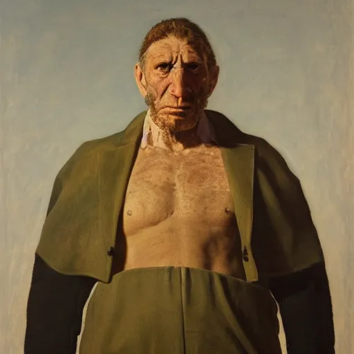 Prompt: portrait of a neanderthal man in 1 9 5 0 s italian clothing by pietro annigoni, oil on canvas, national portrait gallery