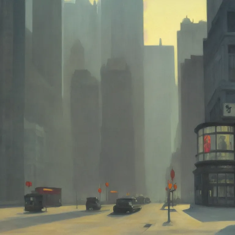 Image similar to city fog, early morning, painted by Edward Hopper, painted by Wayne Barlow, airbrush