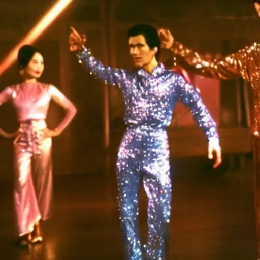 Image similar to A still of Ho Chi Minh wearing a disco suit in Saturday Night Fever