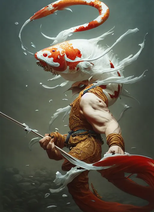 Image similar to subsurface scattering, white, koi, samurai deity, by jesper ejsing, james jean, justin gerard, tomasz alen kopera, cgsociety and fenghua zhong, highly detailed, rim light, cinematic lighting, illustration, art, octane render, very coherent, cinematic, hyper realism, high detail, 8 k