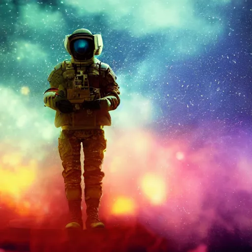 Prompt: high detail photo of a heavily armed soldier floating in space inside magic colorful glowing sparkling fog, circular planet behind it, starry sky, tranquil, desolate, atmospheric, hazy, autochrome, 8k, reflections, octane render, unreal engine 5