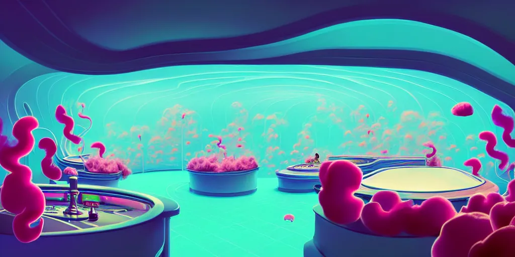 Image similar to minimalistic extreme wide angle curved perspective digital art of sss chubby cotton candy indoor casino with curly plants by anton fadeev, lorax movie, underwater smoke